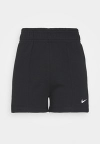 Svarta träningsshorts med elastisk midja, som har en slät textur och en liten vit Nike-logotyp på nedre vänstra framsidan.