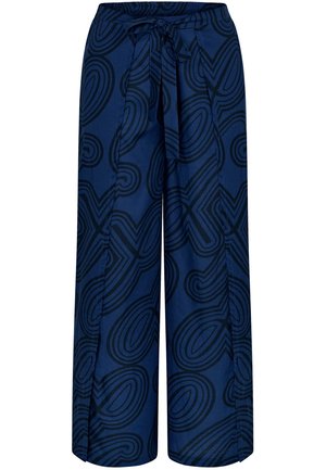 Marineblaue Hosen mit weitem Bein, verziert mit abstrakten schwarzen Wirbelmustern und einem aus Stoff gebundenen Gürtel in der Taille.