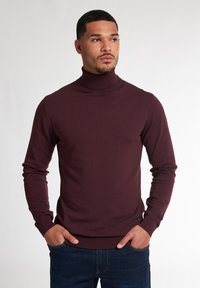 Pull à col roulé bourgogne avec une coupe ajustée, col et poignets côtelés, fabriqué à partir d'un tissu doux. Associé à un jean bleu foncé.