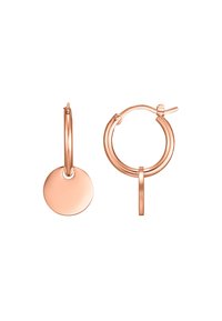 Pendientes de aro en oro rosa con un colgante circular, acabado liso y un diseño minimalista con cierre articulado. Ligeros y modernos.
