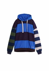 Hooded sweatshirt featuring horizontal stripes in navy, blue, green, and beige. Made of textured fabric with a front kangaroo pocket.