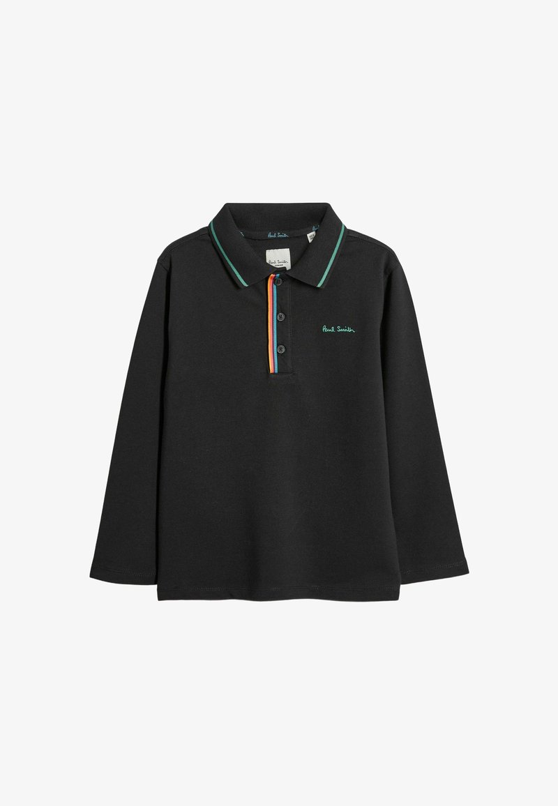 Must musta polo särk, millel on pikad varrukad ja rohelise ning orange'i triibuline krae, nupuga ees ja teelises broderiga logo.