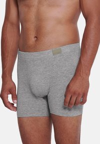 Grå herrboxershorts i mjuk bomull, med en slät midjeband och etikett. Designen är enkel, åtsittande och i medellängd till låret.