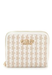 Textured woven wallet in beige and white, features gold logo detail, zip closure, and smooth contrasting trim. Compact rectangular shape.