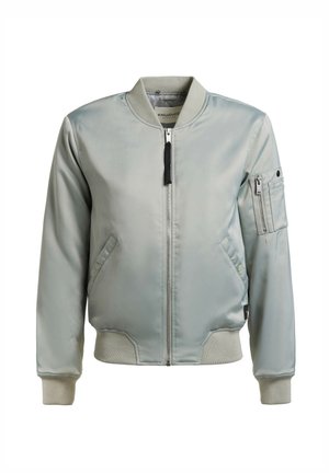 Jasnoszara kurtka bomber z przednim zamkiem błyskawicznym, prążkowanym kołnierzem, mankietami i dołem, dwoma bocznymi kieszeniami oraz zapinaną na zatrzaski kieszenią na rękawie.