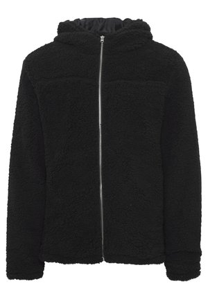 Musta fleece-tyyppinen vetoketjullinen takki huppulla, jossa on karheapinta, pitkät hihat ja etuvetoketjusuljenta.