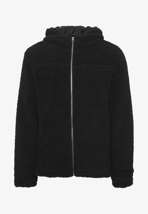 Melnā flīsa jaka ar rāvējslēdzēju un kapuci, ar teksturētu virsmu, garām piedurknēm un priekšējo rāvējslēdzēju.