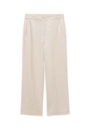 Beige wide-leg trousers made from textured fabric. Features a button closure and side pockets, with pleated front detailing.