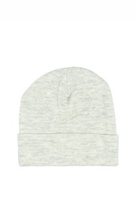 Lichtgrijze gebreide beanie met een opgerolde manche, voorzien van een licht gestructureerd patroon en een naadloze kroon. Rekbare, zachte stof.