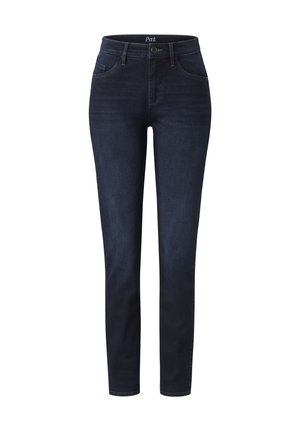 Dunkelblaue Jeans mit einer engen Passform, im Five-Pocket-Stil und einem Reißverschluss mit Knopfverschluss. Hergestellt aus dehnbarem Denimstoff.