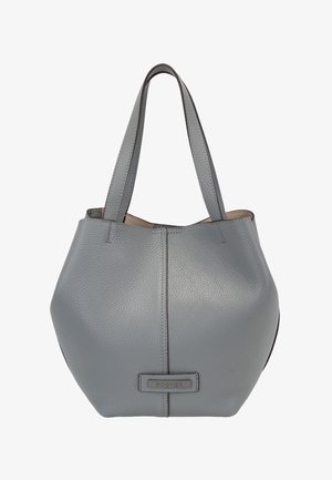 Grijze gestructureerde leren handtas met twee schouderbanden en een rechthoekig label met reliëf "BOGNER" aan de voorkant.