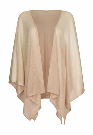 Poncho lavorato a maglia beige chiaro con apertura frontale, lati drappeggiati e orlo asimmetrico, realizzato in tessuto morbido e semitrasparente.