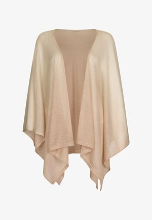 Poncho lavorato a maglia beige chiaro con apertura frontale, lati drappeggiati e orlo asimmetrico, realizzato in tessuto morbido e semitrasparente.