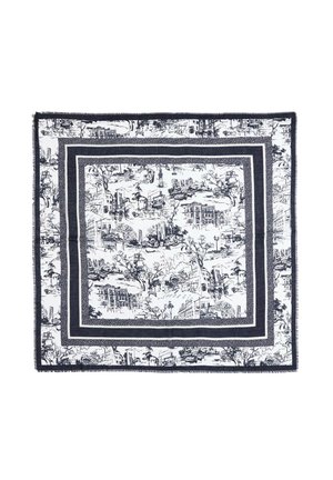 Sciarpa quadrata bianca e nera con dettagliati schizzi di paesaggi cittadini, alberi, edifici e strade incorniciati da più bordi decorativi a motivi.