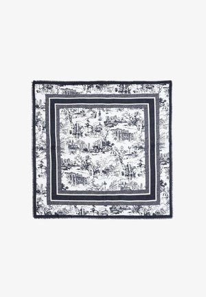 Sciarpa quadrata bianca e nera con dettagliati schizzi di paesaggi cittadini, alberi, edifici e strade incorniciati da più bordi decorativi a motivi.