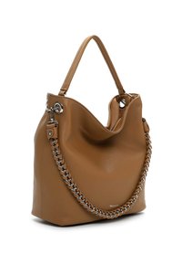 Torba na ramię z brązowej skóry o luźnym fasonie, z łańcuszkiem zdobiącym przód i pojedynczym paskiem na ramię. Gładka faktura i minimalistyczne logo.