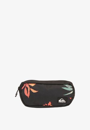 Black zippered fabric pouch with red and teal leaf patterns and a Quiksilver logo patch on the front.