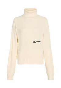 Cremefarbener Rollkragenpullover mit geripptem Design und verkürztem Schnitt. Mit dezentem "KARL LAGERFELD JEANS" Logo auf der linken Brust.