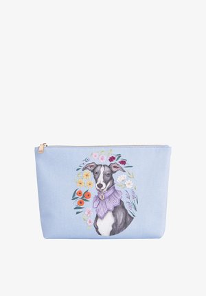 Blauwe stoffen zak met een illustratie van een hond versierd met bloemen en een paarse kraag. Ritsluiting aan de bovenkant.