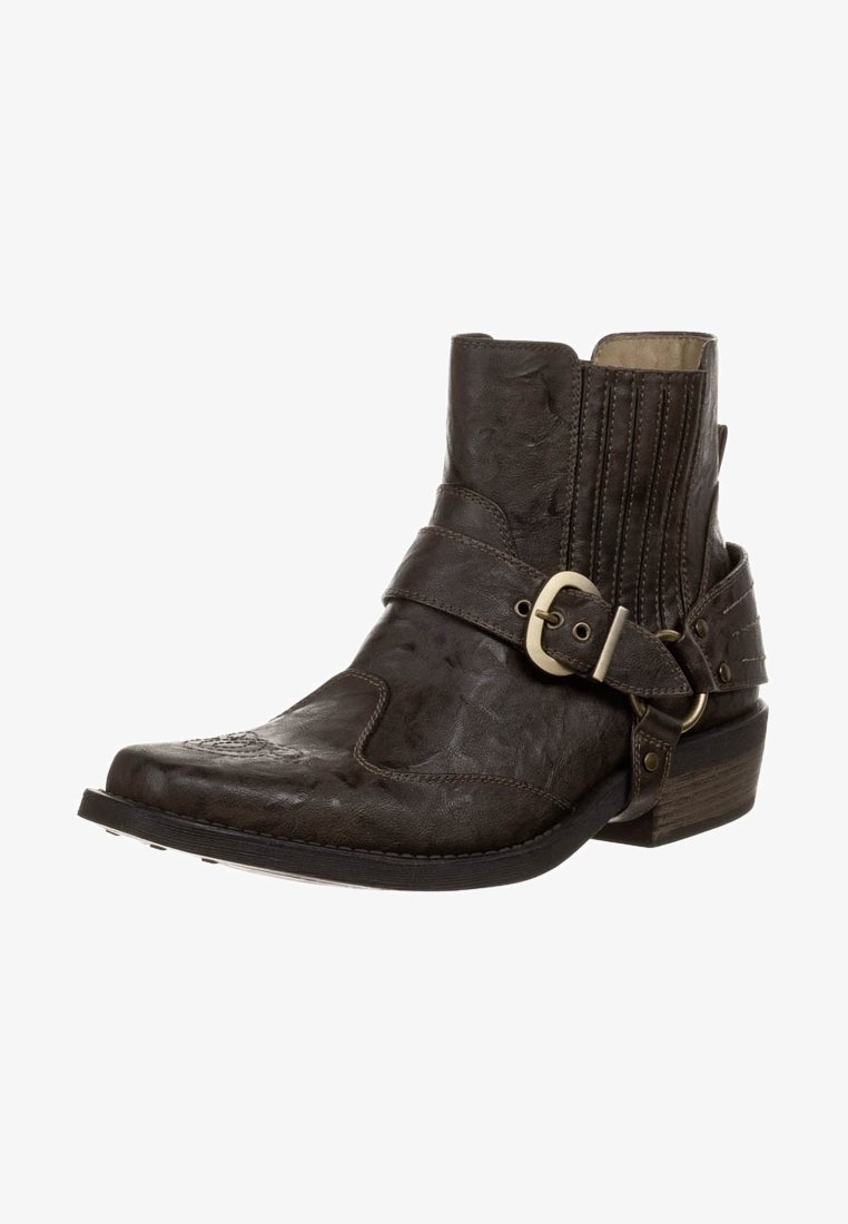 Bottine en cuir brun foncé avec une boucle sur le côté et des détails de sangle, dessus texturé et un petit talon empilé. Présente des accents de couture.