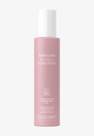 Pink cylindrical bottle of Tan-Luxe Sci-Tech Sunscreen with SPF 50, photoadaptive marine mist, broad spectrum UVB + UVA, water resistant, 200ml.
