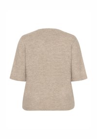 Pull à manches courtes beige avec un col rond, fabriqué en tissu doux et texturé. Il présente des finitions côtelées aux manches et à l'ourlet inférieur.