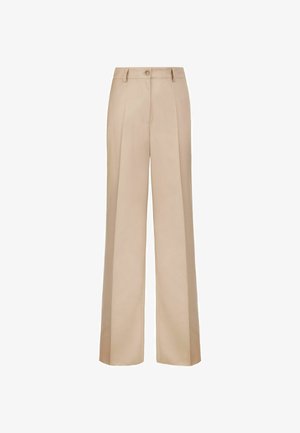 Beige high-waist wide-leg trousers with front pleats, belt loops, button closure, and zip fly.