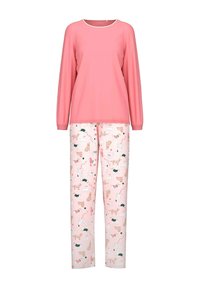 Roze longsleeve top met een ronde hals, gecombineerd met witte broek met een speelse hondenprint in verschillende kleuren en patronen.