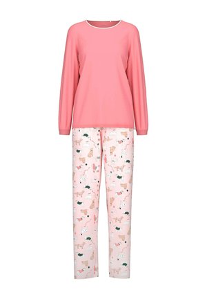 Rosa Langarmshirt mit rundem Ausschnitt, kombiniert mit weißen Hosen, die ein verspieltes Hundemuster in verschiedenen Farben und Designs aufweisen.