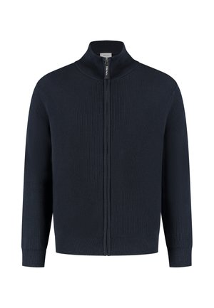 Navy gerippter Zip-Up-Pullover mit hohem Kragen, langen Ärmeln und nahtlosem Vorderdesign. Merkmale eine subtile Textur und eine gerade Silhouette.