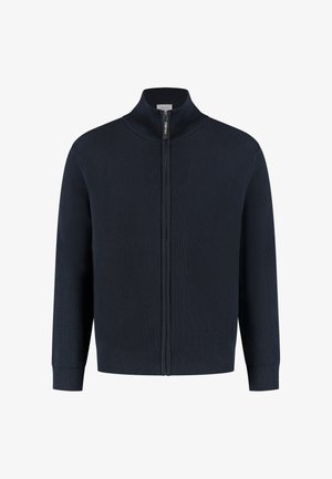 Navy gerippter Zip-Up-Pullover mit hohem Kragen, langen Ärmeln und nahtlosem Vorderdesign. Merkmale eine subtile Textur und eine gerade Silhouette.