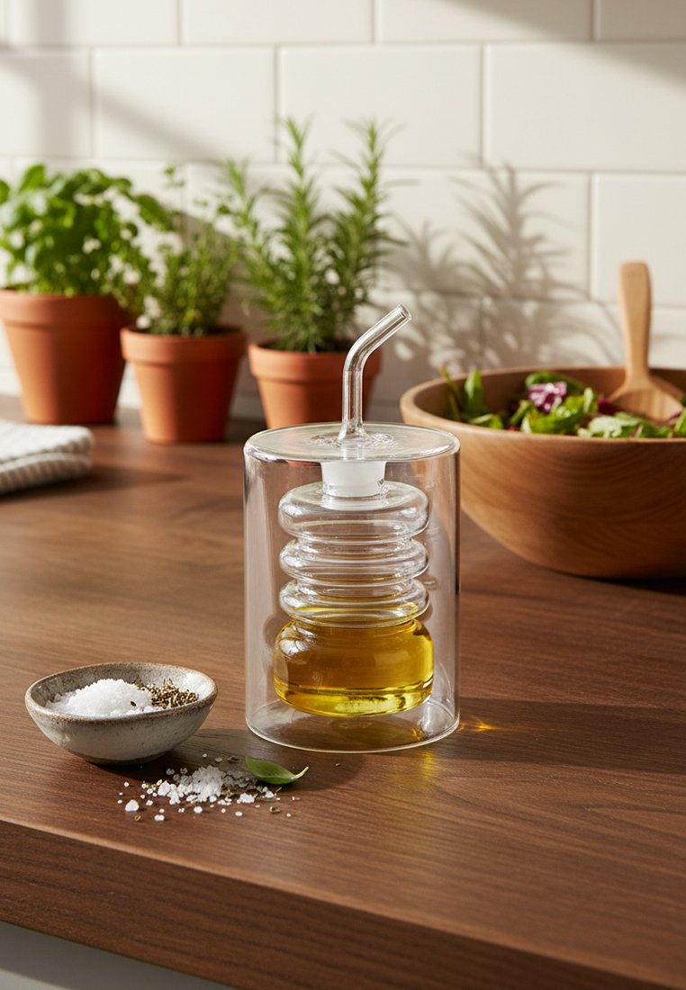 Przezroczysty szklany dozownik oliwy z oliwek z zakrzywionym dziobkiem, mała miseczka z solą i pieprzem, drewniana misa na sałatę oraz doniczka z ziołami na blacie kuchennym.