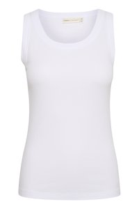 Weißes, geripptes Tanktop mit runder Ausschnitt und ärmellosem Design. Hergestellt aus einem glatten, dehnbaren Stoff, der eine eng anliegende Silhouette hat.