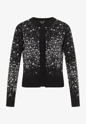 Schwarze Strickjacke mit silbernem Sternmuster, Knopfleiste, gerippten Bündchen und Saum. Stricktextur mit glatter Oberfläche. Lange Ärmel.