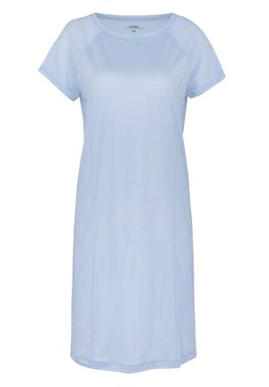 Hellblaues, kurzärmliges Kleid aus glattem Stoff. Es hat einen runden Ausschnitt, eine lockere Passform und Seitennähte für einen strukturierten Look.