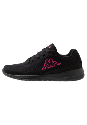 Black athletic shoes with a mesh upper, padded collar, and textured sole, featuring a pink logo accent on the side.