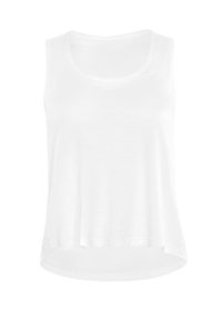 White sleeveless tank top with a slightly rounded hem and subtle fabric texture; features a small logo in the upper left corner.