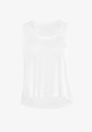 Tricou alb fără mâneci, cu un tiv ușor rotunjit și o textură subtilă a materialului; prezintă un mic logo în colțul din stânga sus.