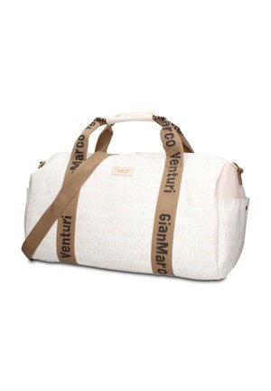 Weiße Duffel-Tasche mit beigen Riemen mit Aufdruck "Gian Marco Venturi", Seitentaschen und einem beigen verstellbaren Schultergurt.