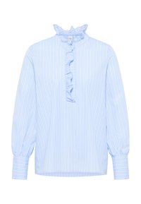 Helleblaue gestreifte Bluse mit Rüschkragen, voluminösen Ärmeln mit gerafften Manschetten und einer Knopfleiste. Hergestellt aus einem weichen Stoff.