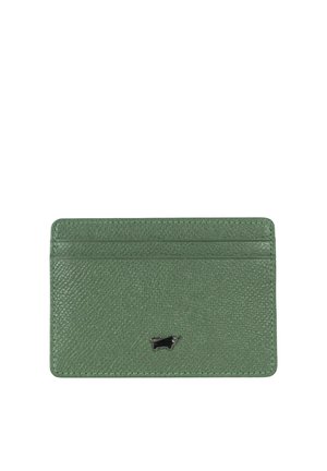 Porta carte in pelle verde strutturata con due fessure per carte nella parte superiore e piccolo logo nero del toro al centro in basso.