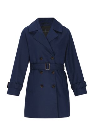 Trenci bleumarin cu două rânduri de nasturi, curea în talie, revere late și curele la mansete. Material neted cu un finisaj lucios.