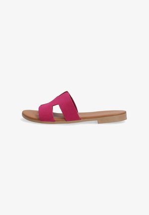 Fuchsia Rutschsandale mit zwei breiten, strukturierten Riemen und einer flachen, beigen Sohle. Offenes Zehendesign, minimalistischer Stil und weiches Material.