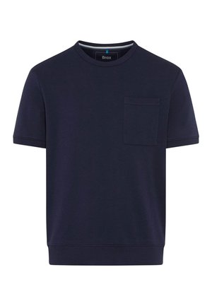 Maglietta a maniche corte blu navy con collo rotondo e tasca sul petto sul lato sinistro.