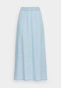 Světle modrá maxi sukně s vysokým pasem, pružným nařaseným páskem a rovnými liniemi na bílém pozadí.