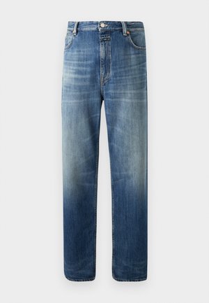 Blue straight-leg denim jeans with subtle fading and whiskering details, featuring front and back pockets, button closure, and belt loops.