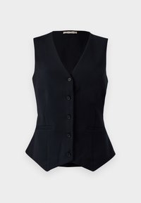 Black, sleeveless vest with a v-neckline, five buttons down the front, and two side pockets; tailored fit with a slight flare at the hem.