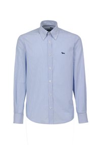 Lichtblauw gestreept shirt met een button-down kraag, lange mouwen en een klein marineblauw logo op de borst. Heeft een slim-fit ontwerp en is gemaakt van katoen.