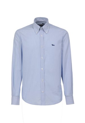 Light blue striped shirt with a button-down collar, long sleeves, and a small navy logo on the chest. Features a fitted design and cotton fabric.