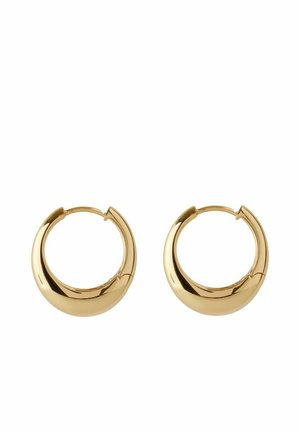 Pereche de cercei tip cerc din aur lustruit, cu un design neted, ușor gros și rotunjit, prevăzuți cu închizături articulate, pe un fundal alb.
